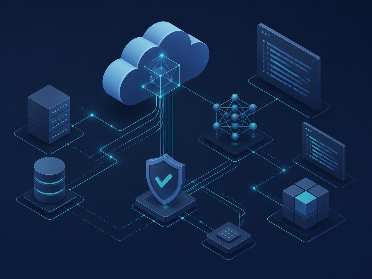 Abstract isometric illustration of a cloud platform connected to a neural network, a security shield, databases, and application code, representing AI-enabled secure cloud solutions